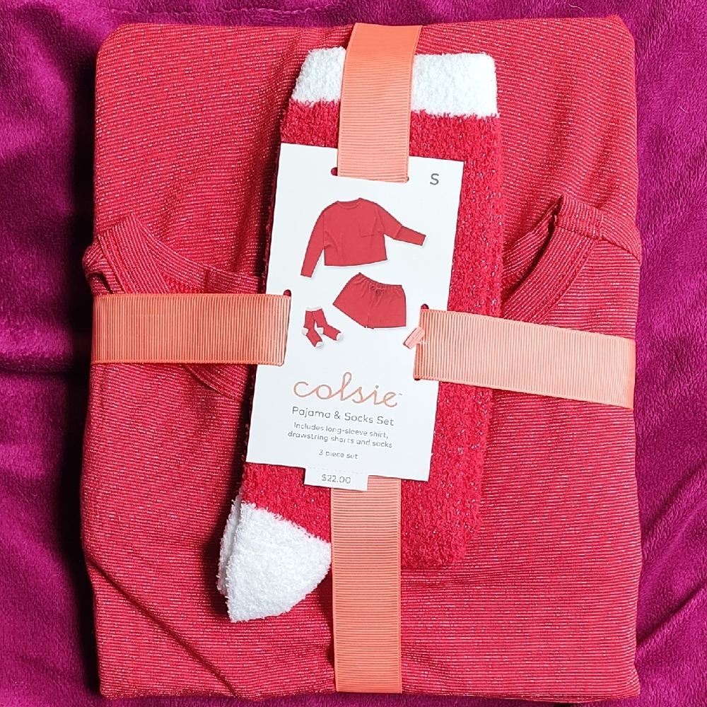 Ladies Colsie Red and White Pajama Set with Socks
